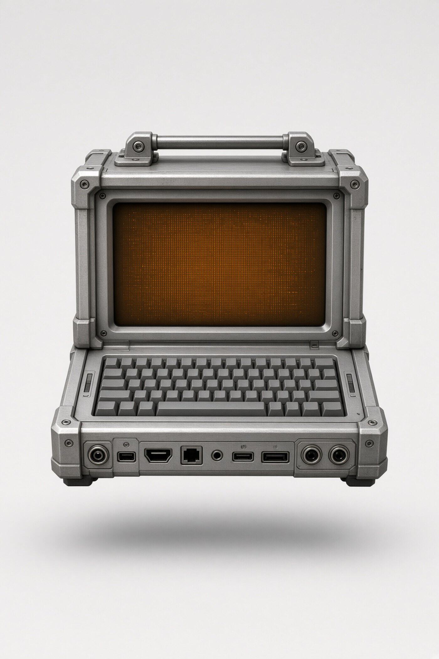A Mk IV cyberdeck open on a plain pale grey background: a bead-blasted aluminium clamshell with bolted corner blocks and a folding carry handle, an amber dot-matrix screen in the lid, a full mechanical keyboard, and a row of jacks and link sockets along the front edge.