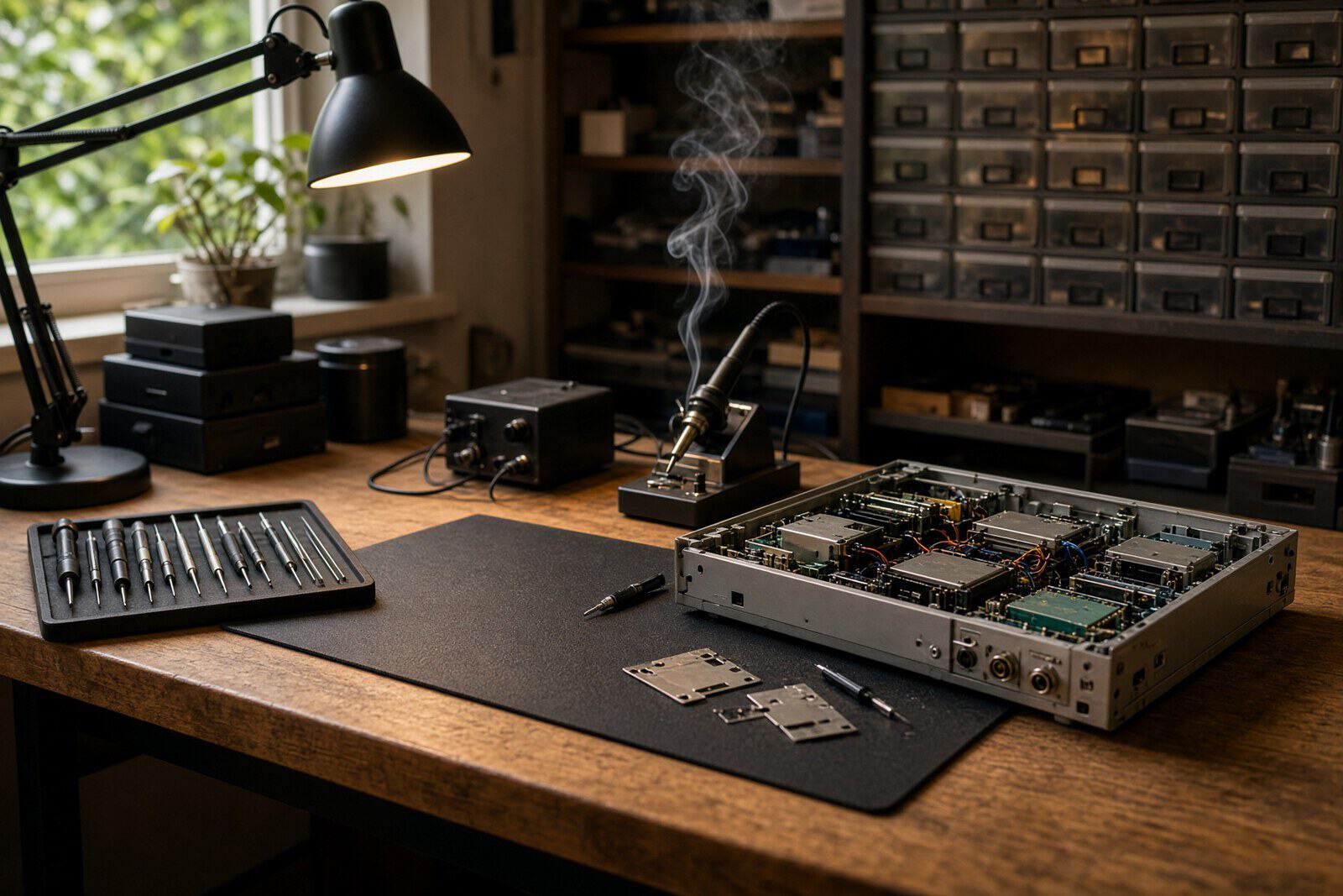 A bench at the Service Annexe: an anglepoise lamp over a black antistatic mat, hex drivers laid out in ascending size, a soldering iron in its stand, and a cyberdeck open with its lid off. A wall of labelled parts drawers stands behind the bench.